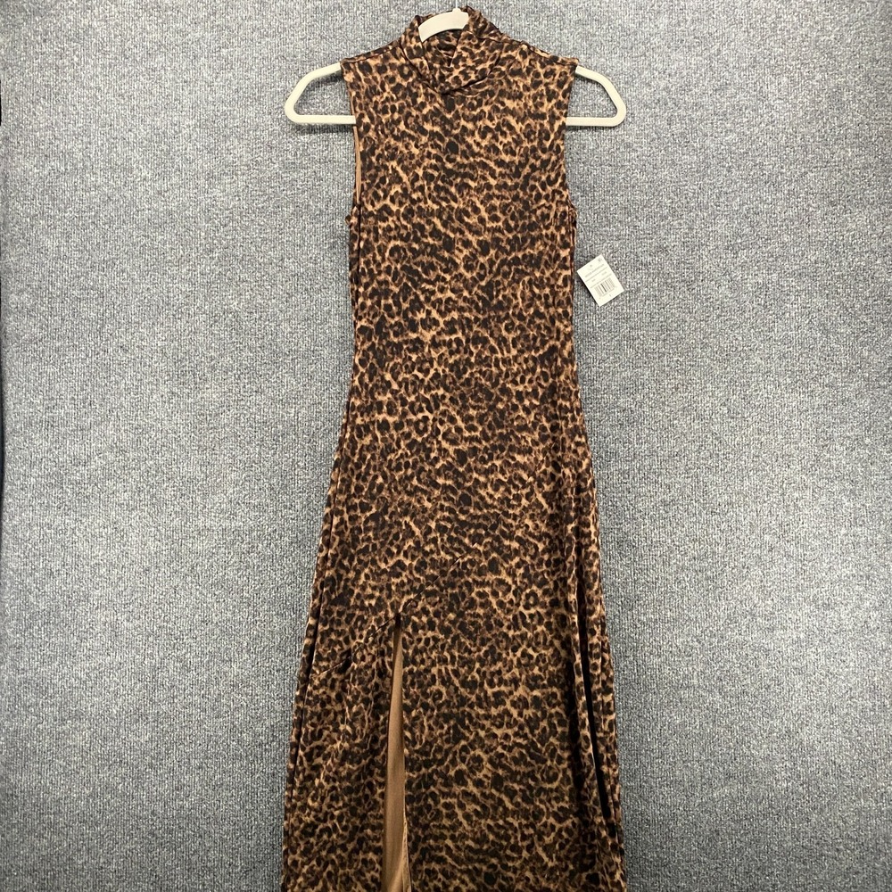 Good American Dress 1 Small Sepia Leopard Print Mock Neck Side Slit Fitted Event